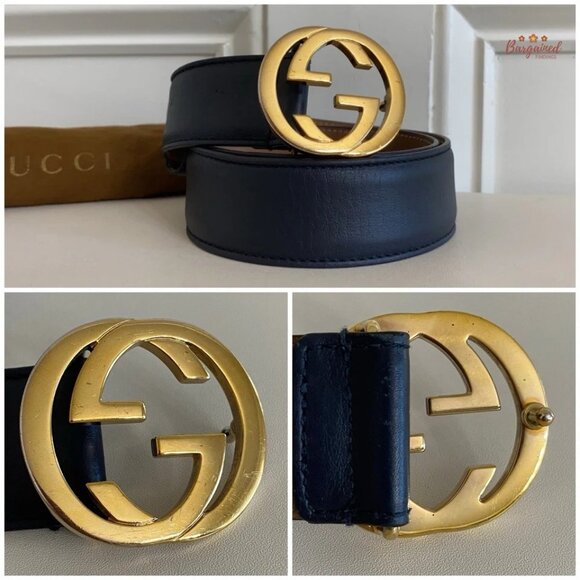 Authentic Gucci Blue Calfskin Leather Gold Interlocking G Buckle Belt 75/30 main image 5